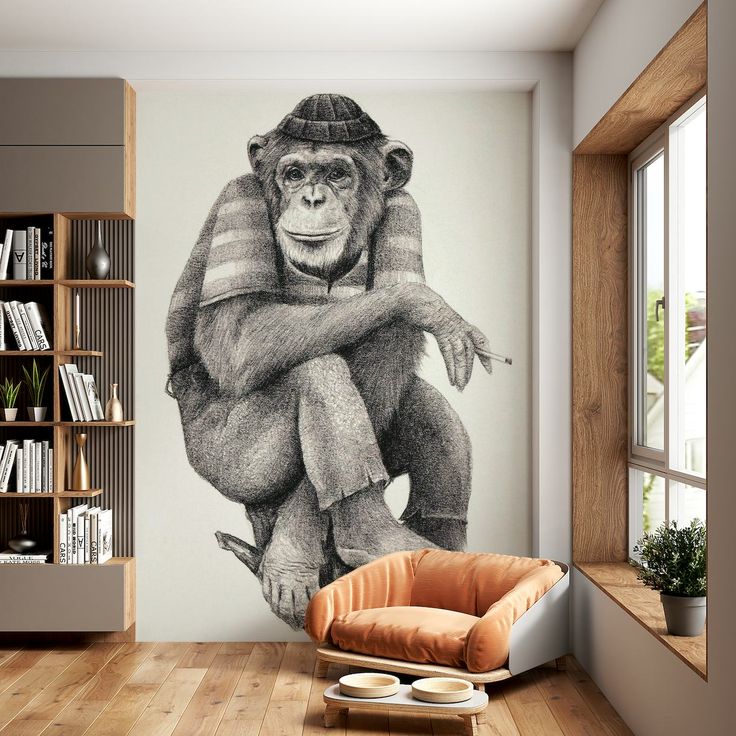 a drawing of a monkey sitting on top of a chair