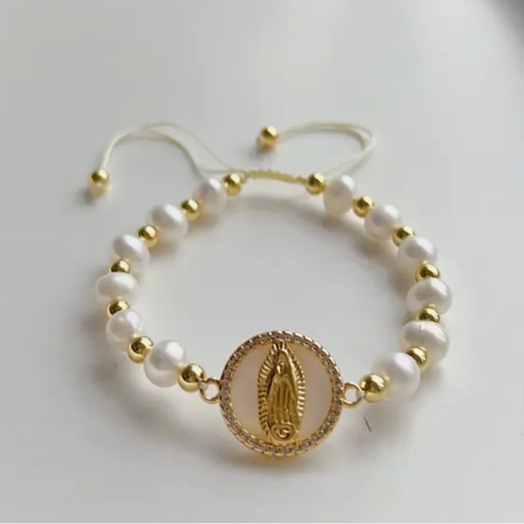 Handmade Freshwater Pearls Religious Jewelry Approximately 7inches Gold Pearl Bracelet With Round Beads For Beach, Gold Mexican Jewelry, Catholic Jewelry Bracelets, Mexican Bracelets, Virgin Mary Bracelet, Christian Products, Catholic Bracelet, Sacred Jewelry, String Jewelry