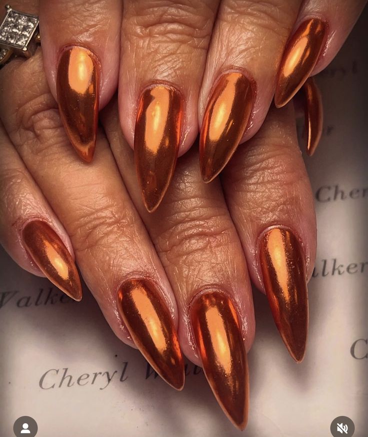 Burnt Orange Stiletto Nails, Orange And Bronze Nails, Red Orange Chrome Nails, Metallic Orange Nails, Burnt Orange Chrome Nails, Orange Chrome Nails Designs, Chrome Orange Nails, Moscow Mule Nails, Orange Chrome Nails