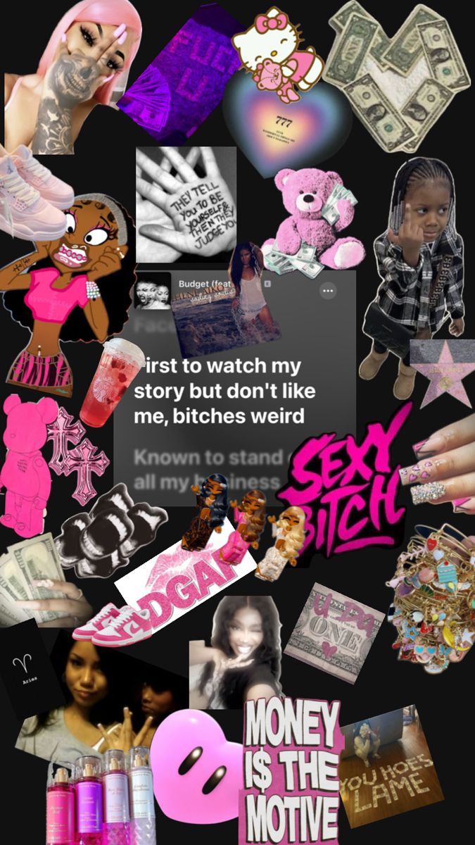 the collage has many different pictures and words on it, including pinks and black