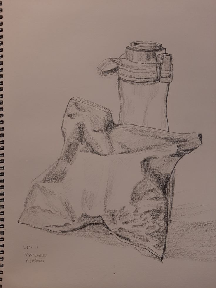 a pencil drawing of a bottle on top of a rock next to an ice pack