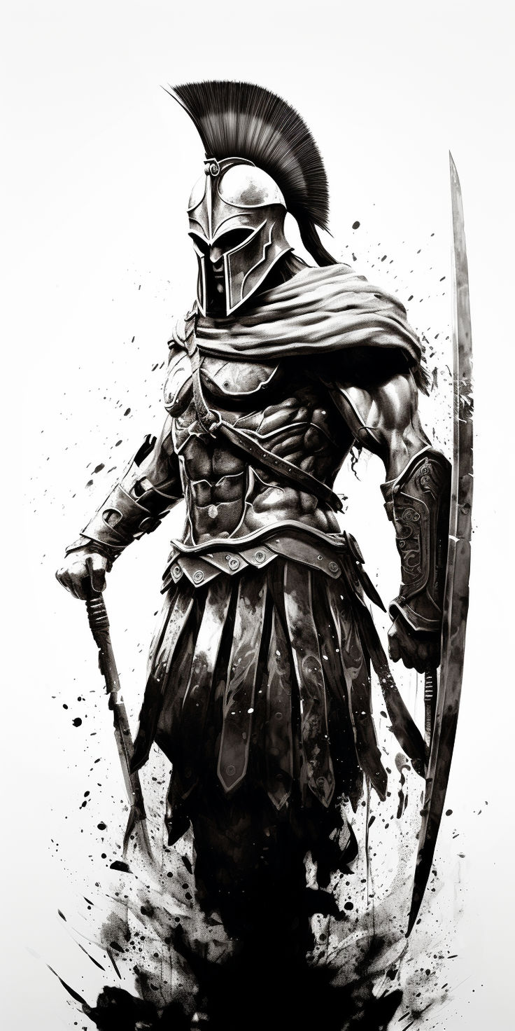 a black and white drawing of a roman soldier