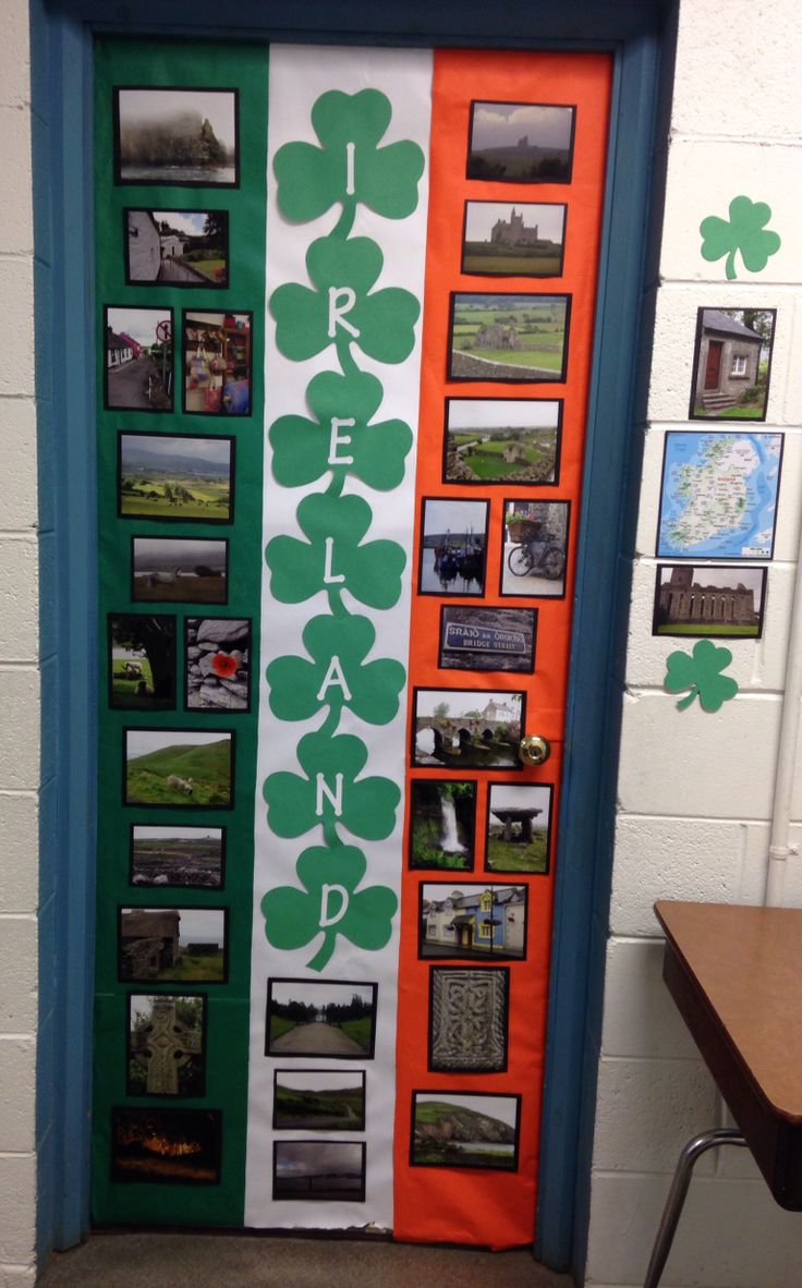 a door decorated with pictures and shamrocks