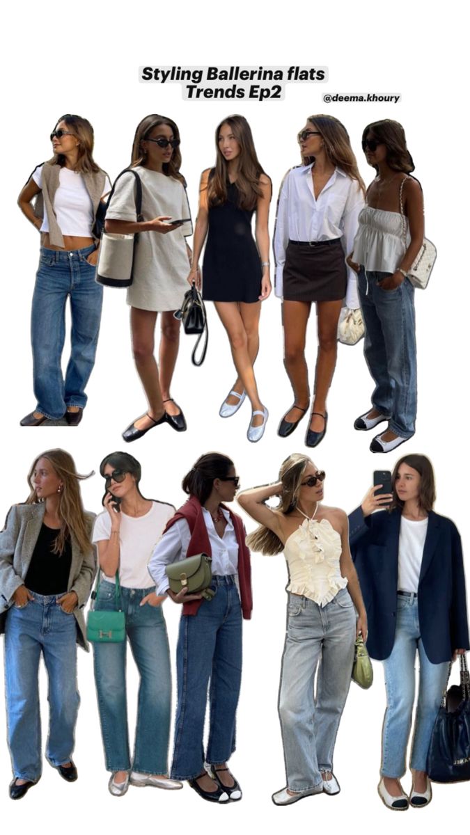 several women in different outfits are posing for the same photo, one is holding a cell phone