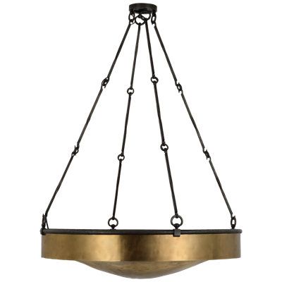 a large hanging light fixture with an oval metal frame and two circular lightshades