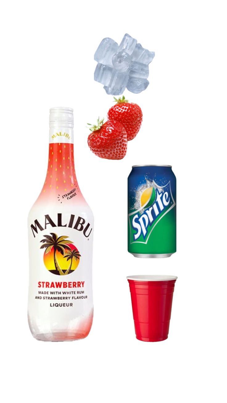 three different types of drinks are shown in this image, including strawberry juice and soda