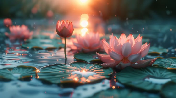 pink water lilies floating on top of lily pads in a pond with the sun setting behind them