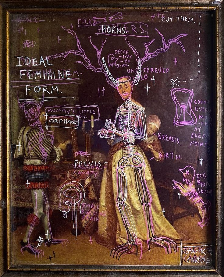 a painting with writing on it that says ideal feminine form and an image of a skeleton