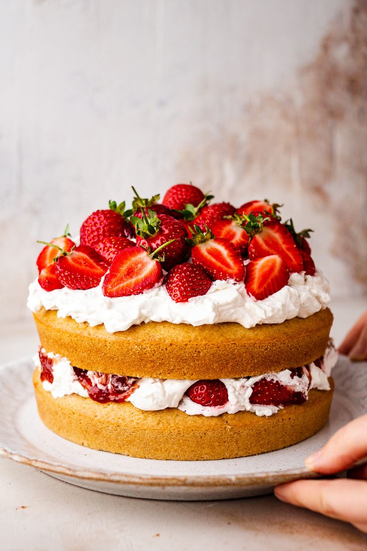 a cake with strawberries and whipped cream on top is being held by someone's hand