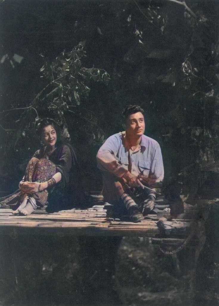 two people sitting on a bench in the woods