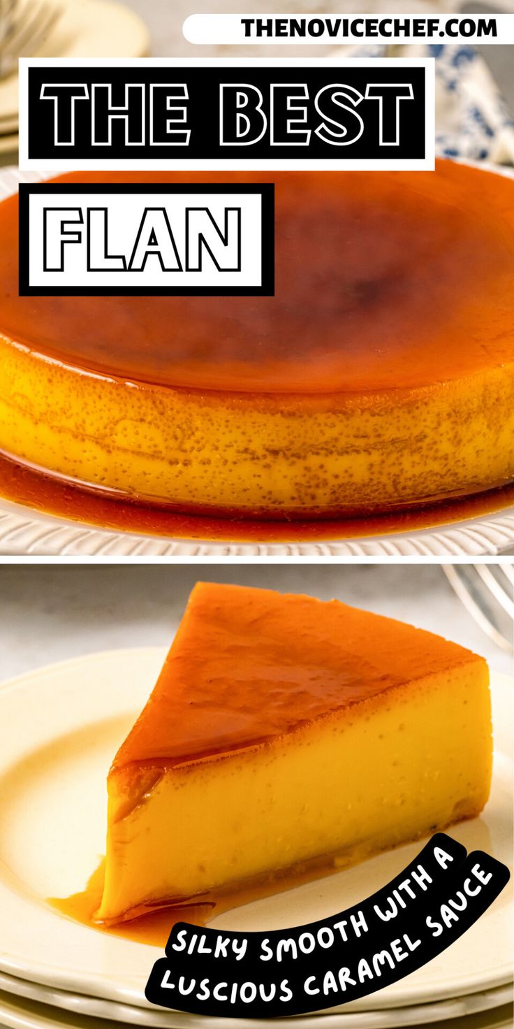 the best flan cheesecake recipe is shown in two separate images, one on a plate