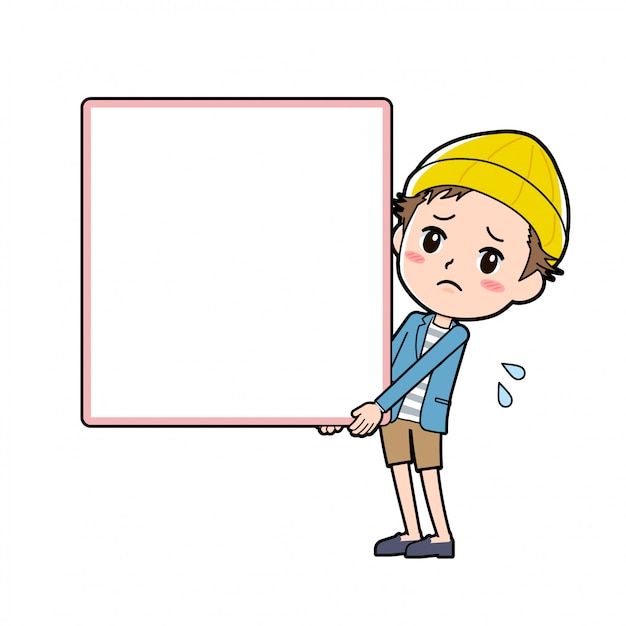 a cartoon boy holding a big white board