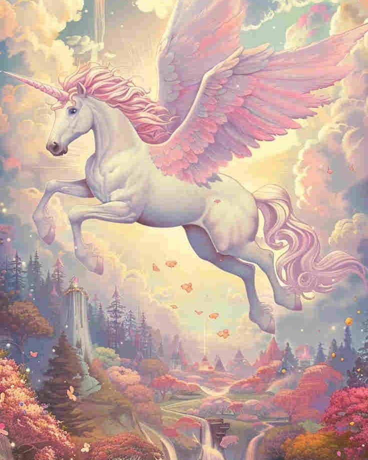 a painting of a white unicorn with pink hair and wings flying over a waterfall in the sky