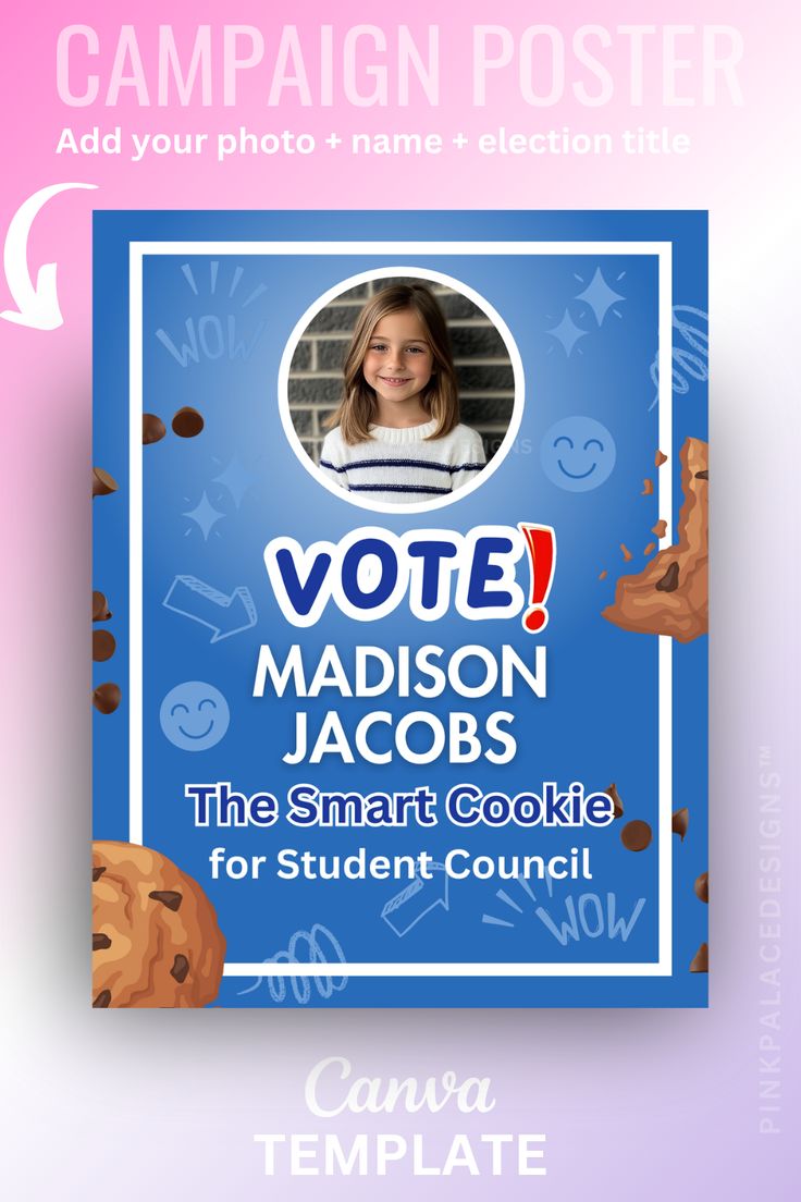 the student cookie for campaign poster is shown in front of a blue background with chocolate chip cookies