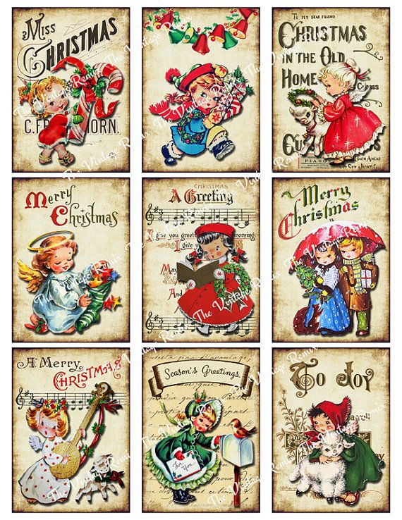 six christmas cards with children and santa clauss on them, all in different styles