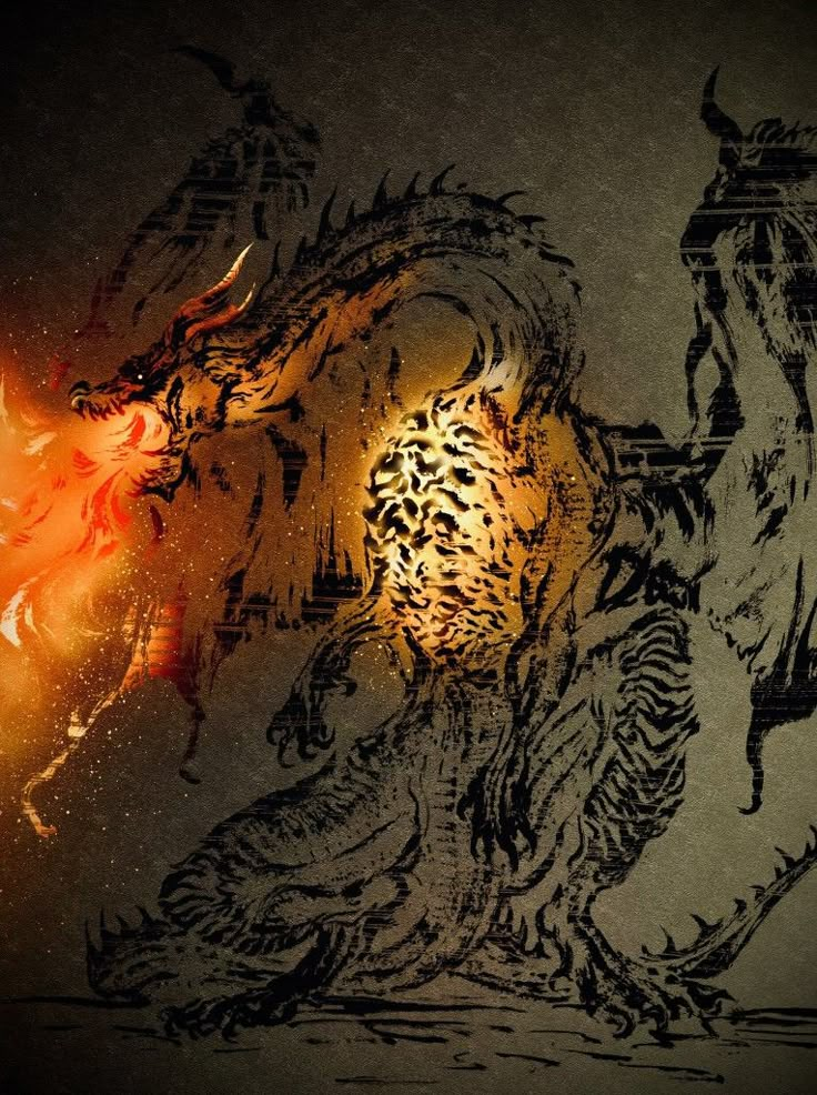 a drawing of a dragon attacking a demon with fire coming out of it's mouth