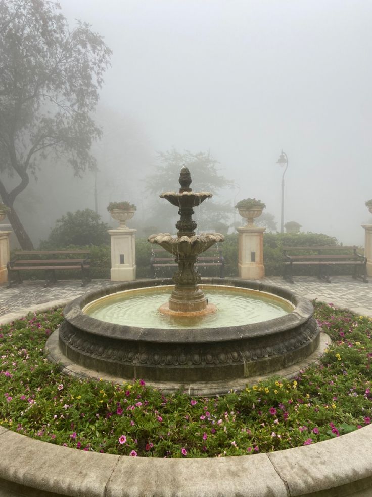 a fountain surrounded by flowers in the middle of a park on a foggy day