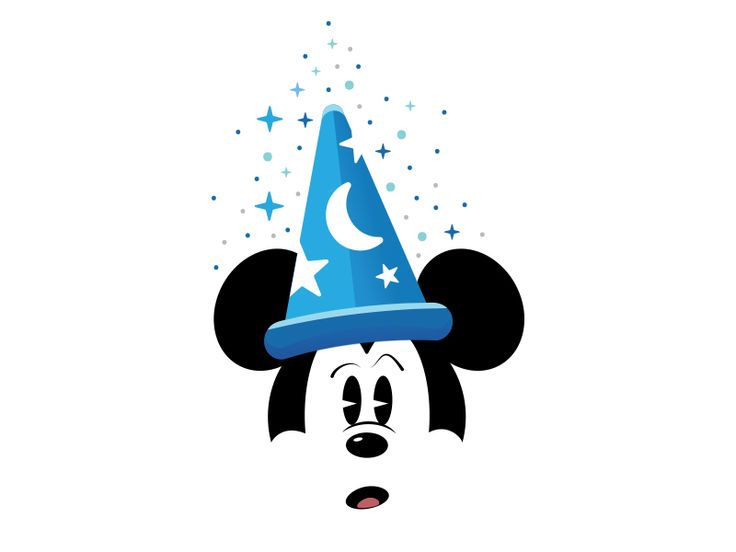 a mickey mouse with a party hat on its head and stars in the sky above it