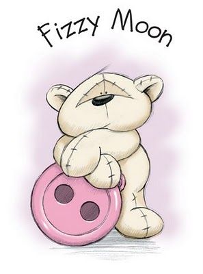 a white teddy bear sitting on top of a pink ball with the words fizzy moon above it