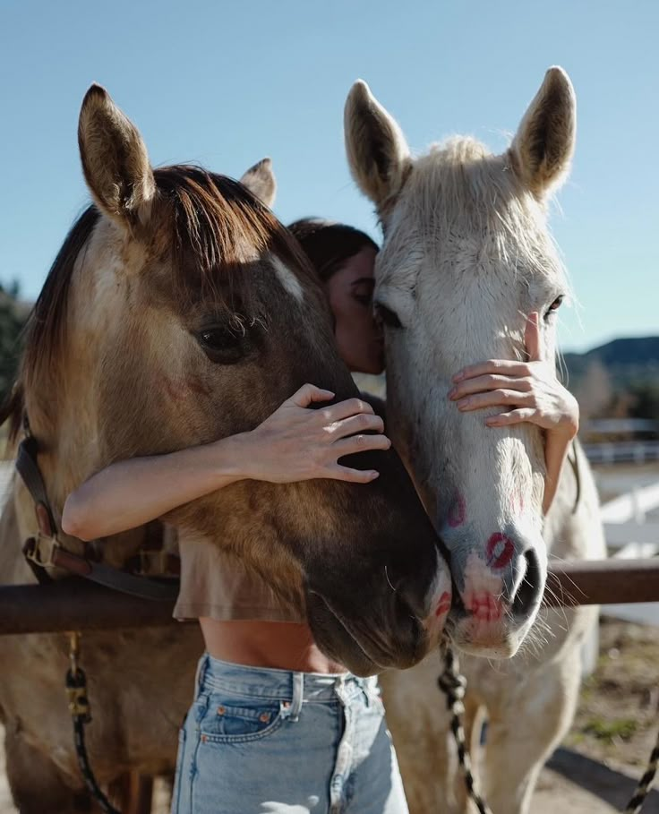 a woman is kissing a horse on the nose