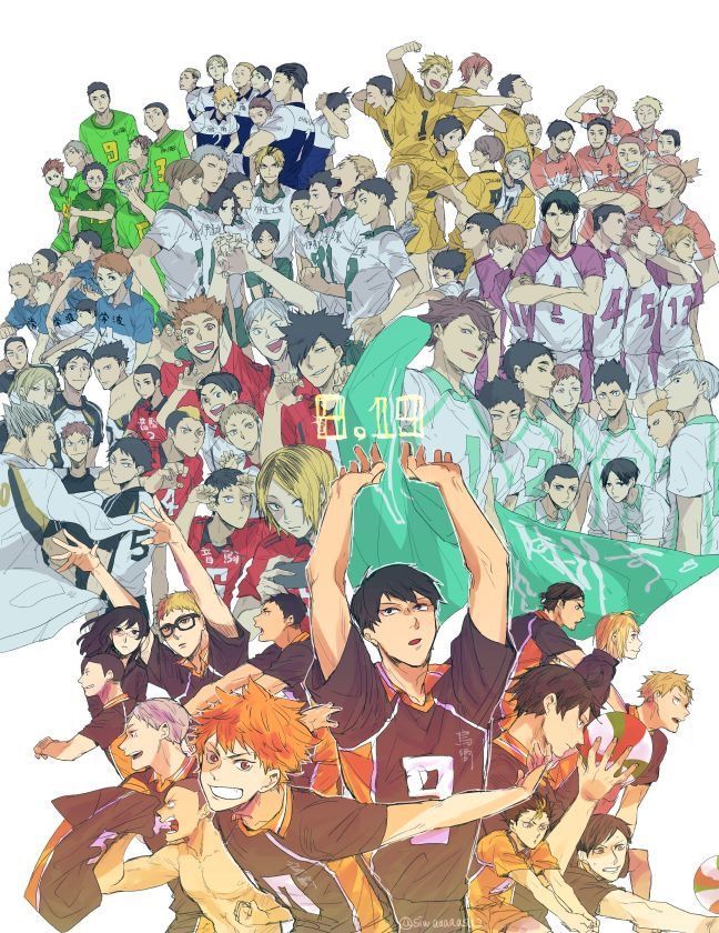 an anime poster with many people in the background