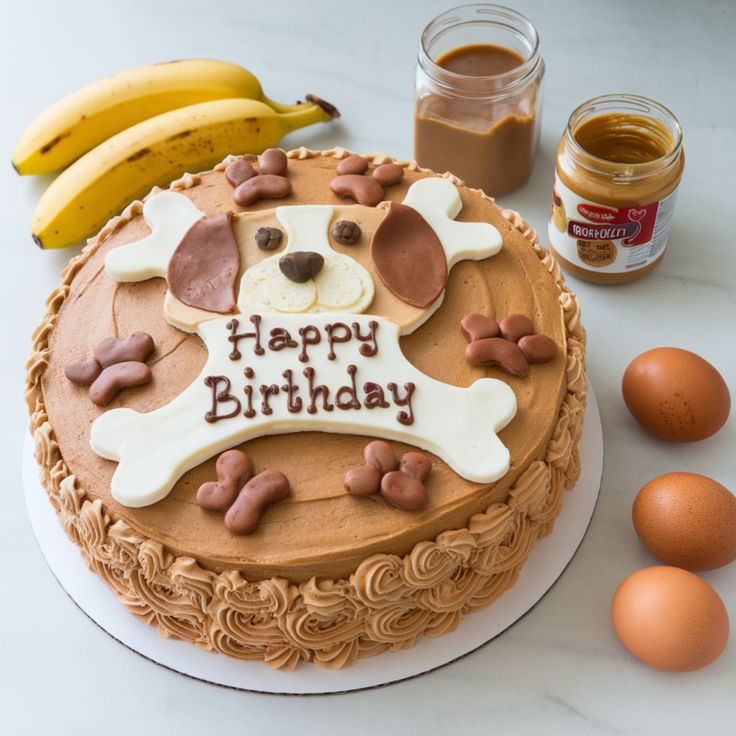 a birthday cake that has been decorated with dog bone and bones on it, next to some eggs