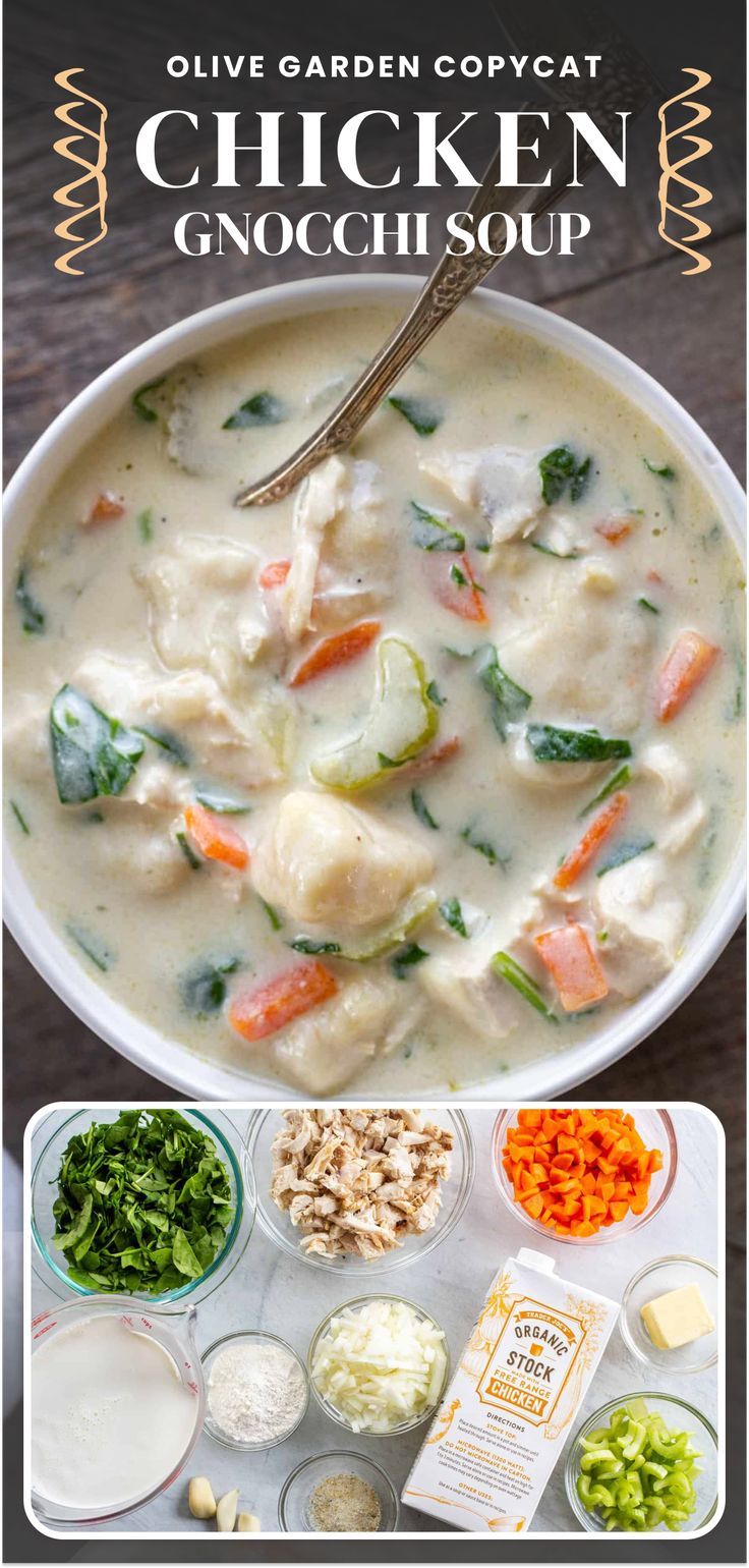 chicken gnocchi soup in a white bowl with carrots and celery