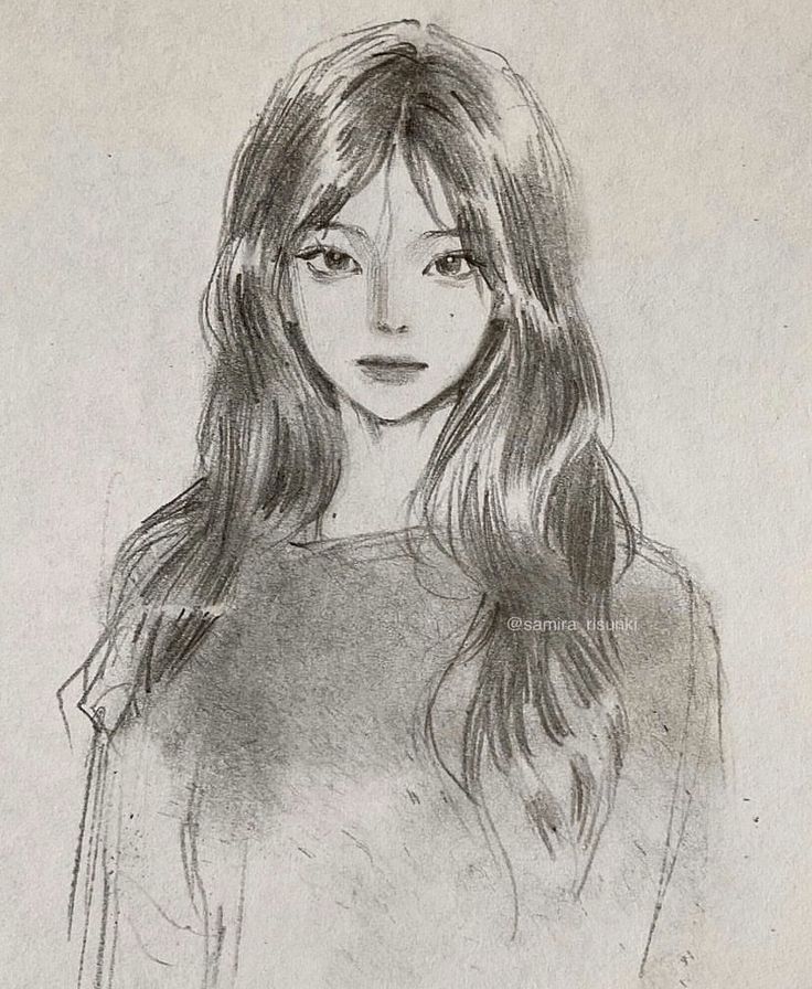 a pencil drawing of a woman with long hair and bangs, wearing a black top