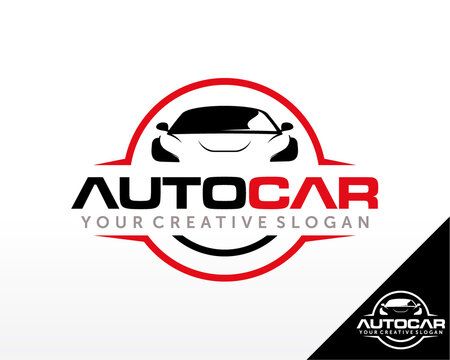 an auto car logo with the words, your creative slogan is in red and black