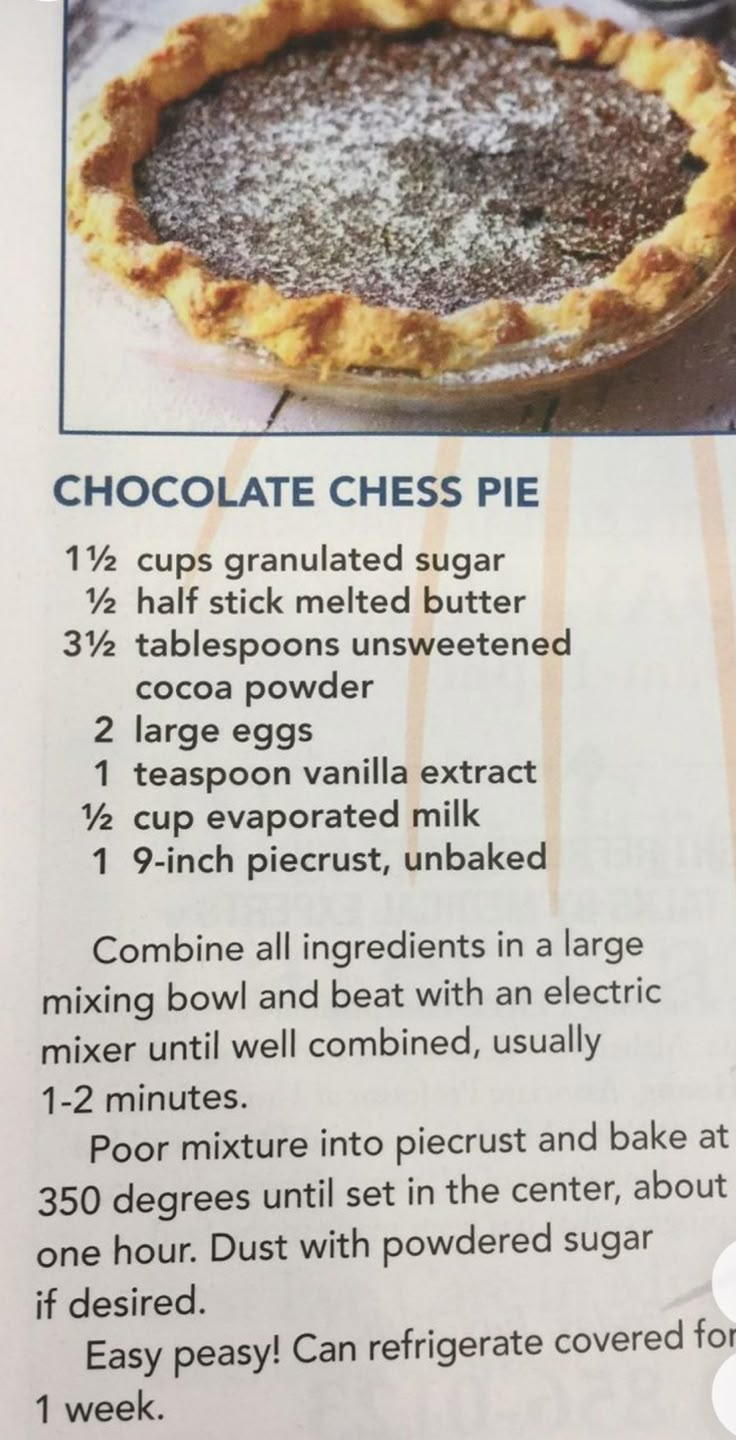 the recipe for chocolate chess pie is shown