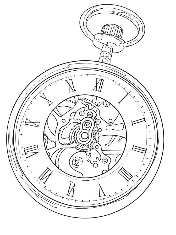 a black and white drawing of a pocket watch with roman numerals on the face