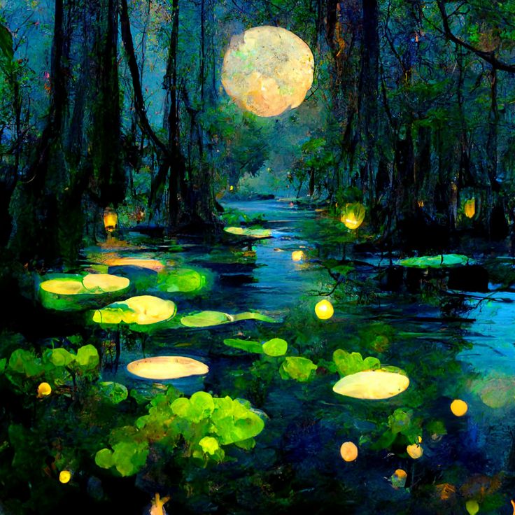 Sleepy lagoon moon forest swamp creek fairy lights floating glow arabesque tiny boat trees moss night Louisiana beautiful 4K Impressionism jazz green fireflies Forest Night Sky Painting, Pond At Night Aesthetic, Forest Pond Painting, Firefly Forest Painting, Swamp Painting Easy, Night Lake Painting, Enchanted Painting Ideas, How To Paint Glowing Effect Acrylic, Forest At Night Painting