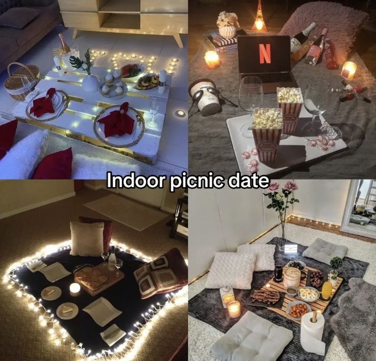 indoor picnic date with candles and food