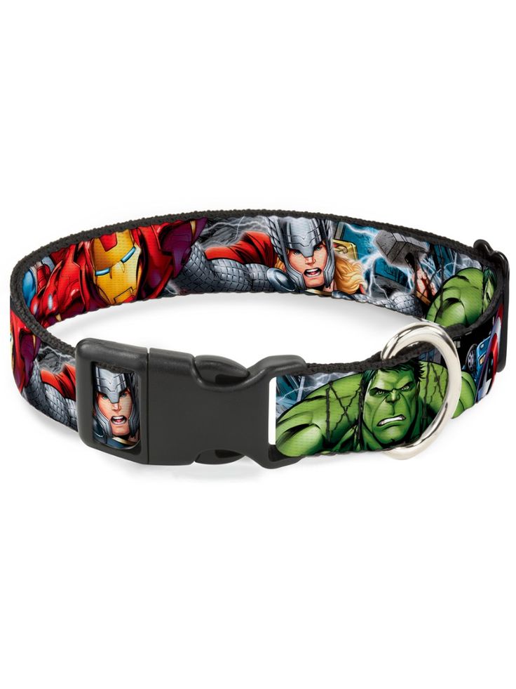 the avengers dog collar is decorated with comic characters