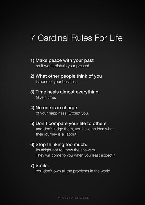 the seven cardinal rules for life on a purple background with black and white text that reads,