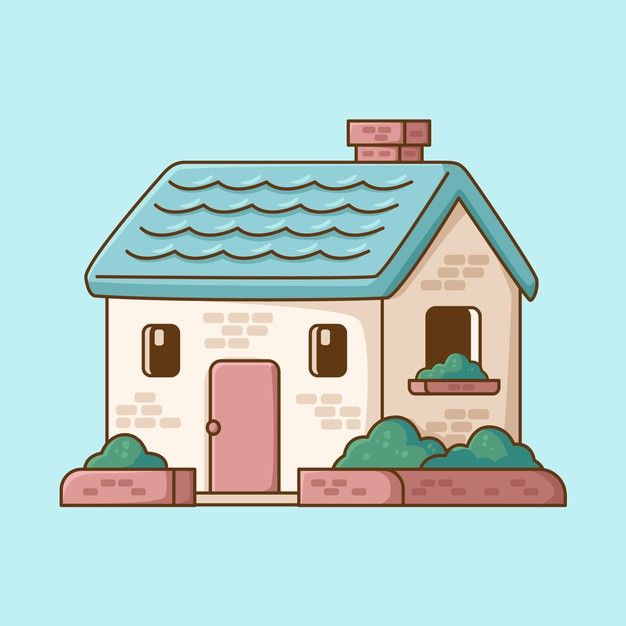 a small house with a blue roof and pink door is shown in this cartoon style