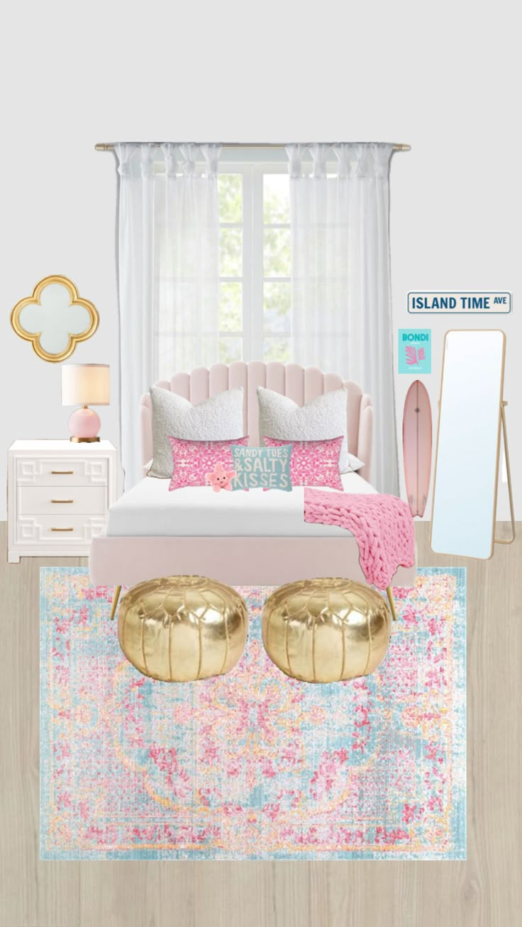 the bedroom is decorated in pink and gold