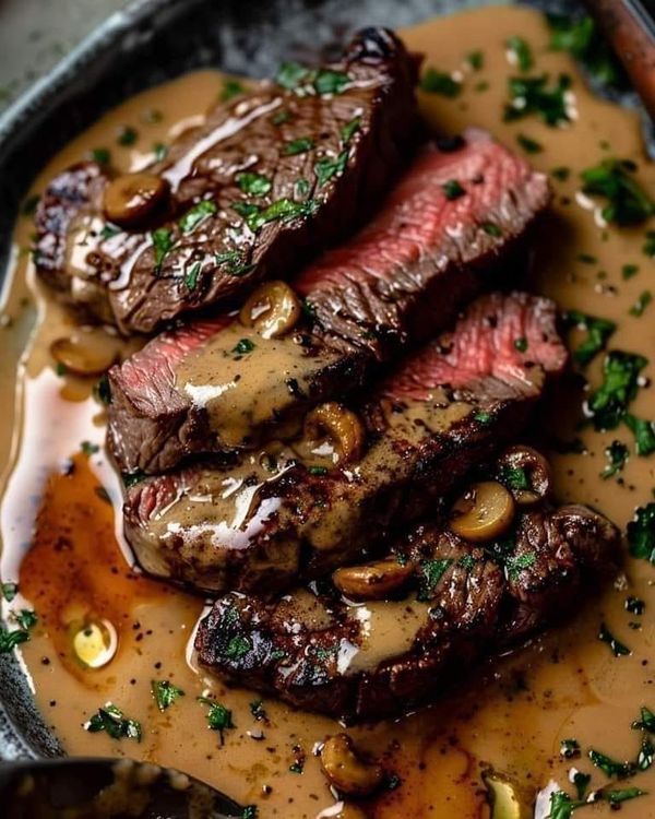 steak with mushroom sauce and mushrooms on top