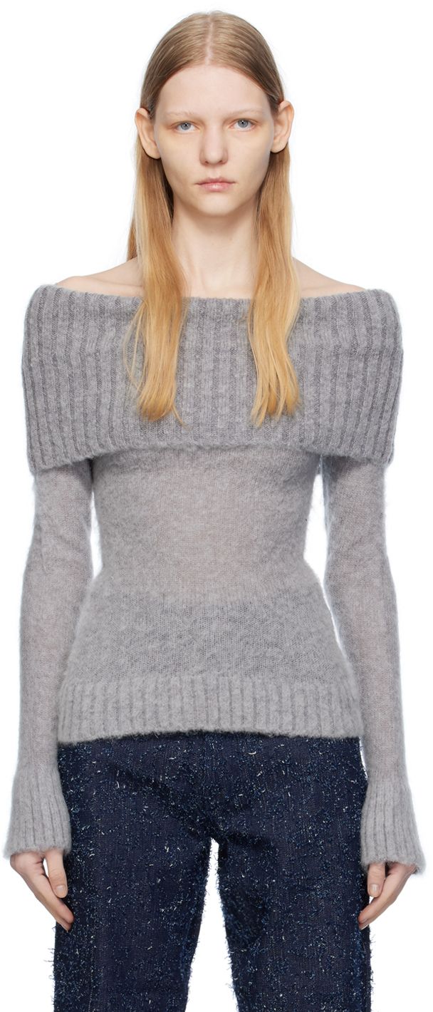 Brushed knit nylon- and mohair-blend sweater. · Off-the-shoulder construction · Rib knit foldover straight neck, hem, and flared cuffs Supplier color: Grey Knit Off The Shoulder Sweater, Off Shoulder Knit Sweater, Mohair Knit Sweater, Shoulder Tops Outfit, 2024 Clothes, Grey Knitwear, Mohair Sweater Knit, Off The Shoulder Jumper, Tops Outfit