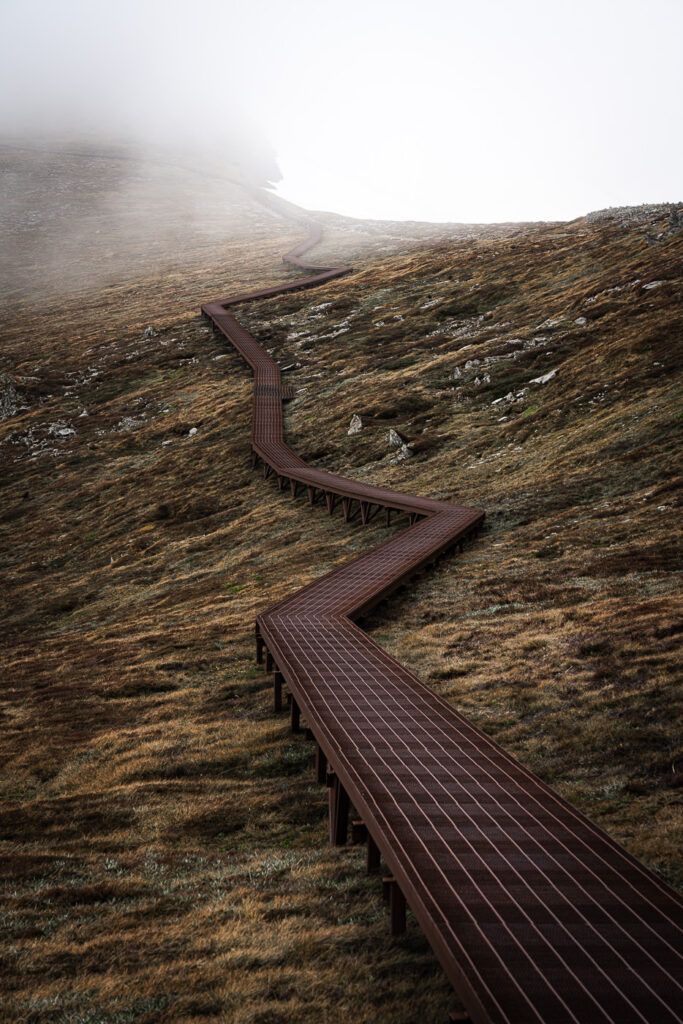 a wooden path going up the side of a hill on a foggy day with no people