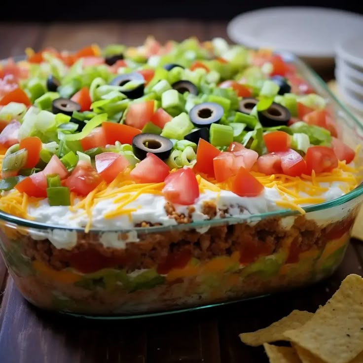 a large casserole dish filled with lots of toppings and topped with tortilla chips