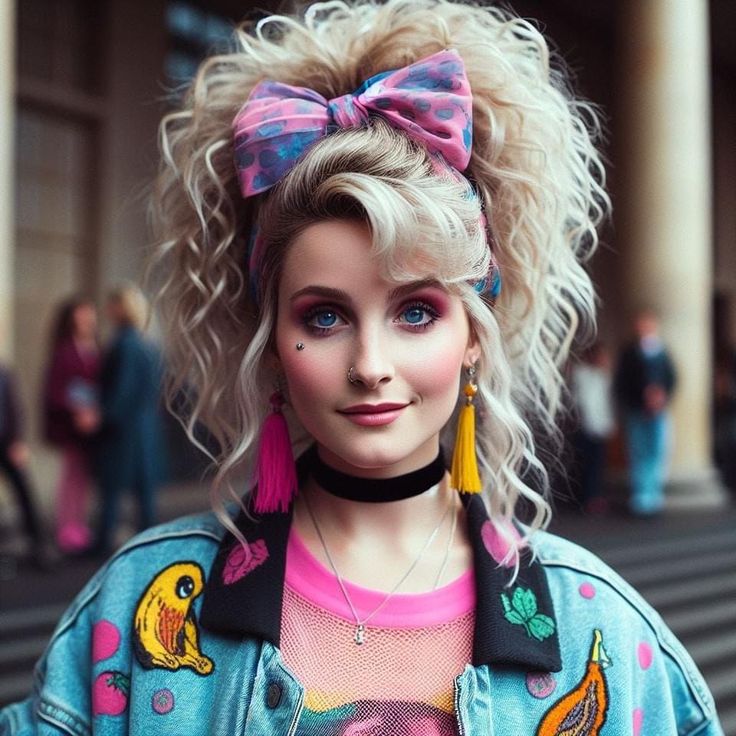 Hair Styles From The 80's For Women, Vintage 80s Prom Dresses, 80s Hair Styles Women, 80s Hair Styles 1980s, 80's Makeup And Hair, Trendy 80s Inspired Outfits, 80s Pigtails, 80s Party Hairstyles 80 Hair Styles, 80 Hairstyles 80s Hair For Women