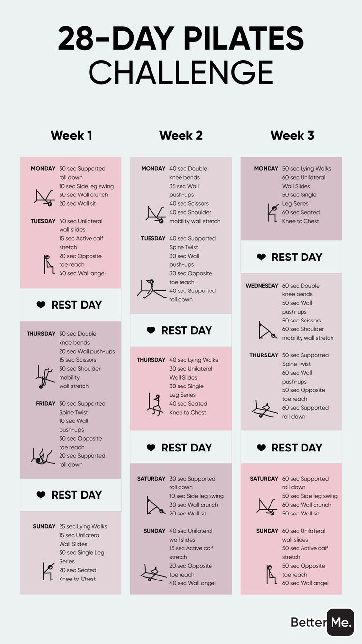 the 28 day pilates challenge is shown in pink and black