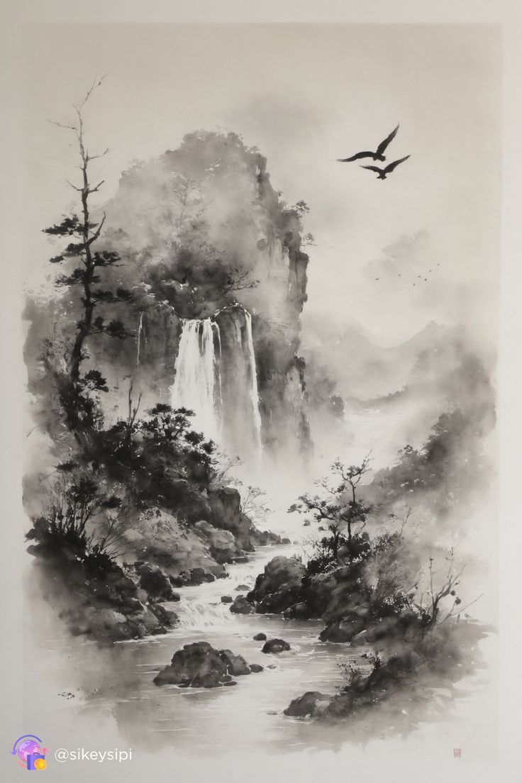 an ink painting of a waterfall and birds flying over it