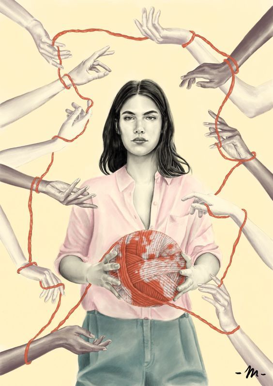 a drawing of a woman surrounded by hands holding a red object in her hand and looking at the camera