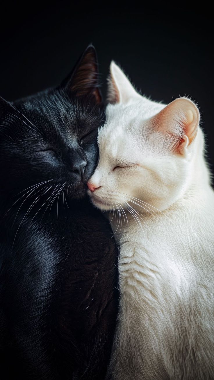 two black and white cats cuddle together on a dark background with their eyes closed