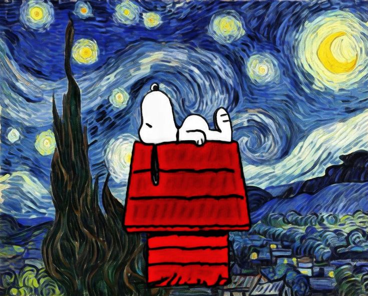 a painting of snoopy sitting on top of a roof with the starr sky in the background