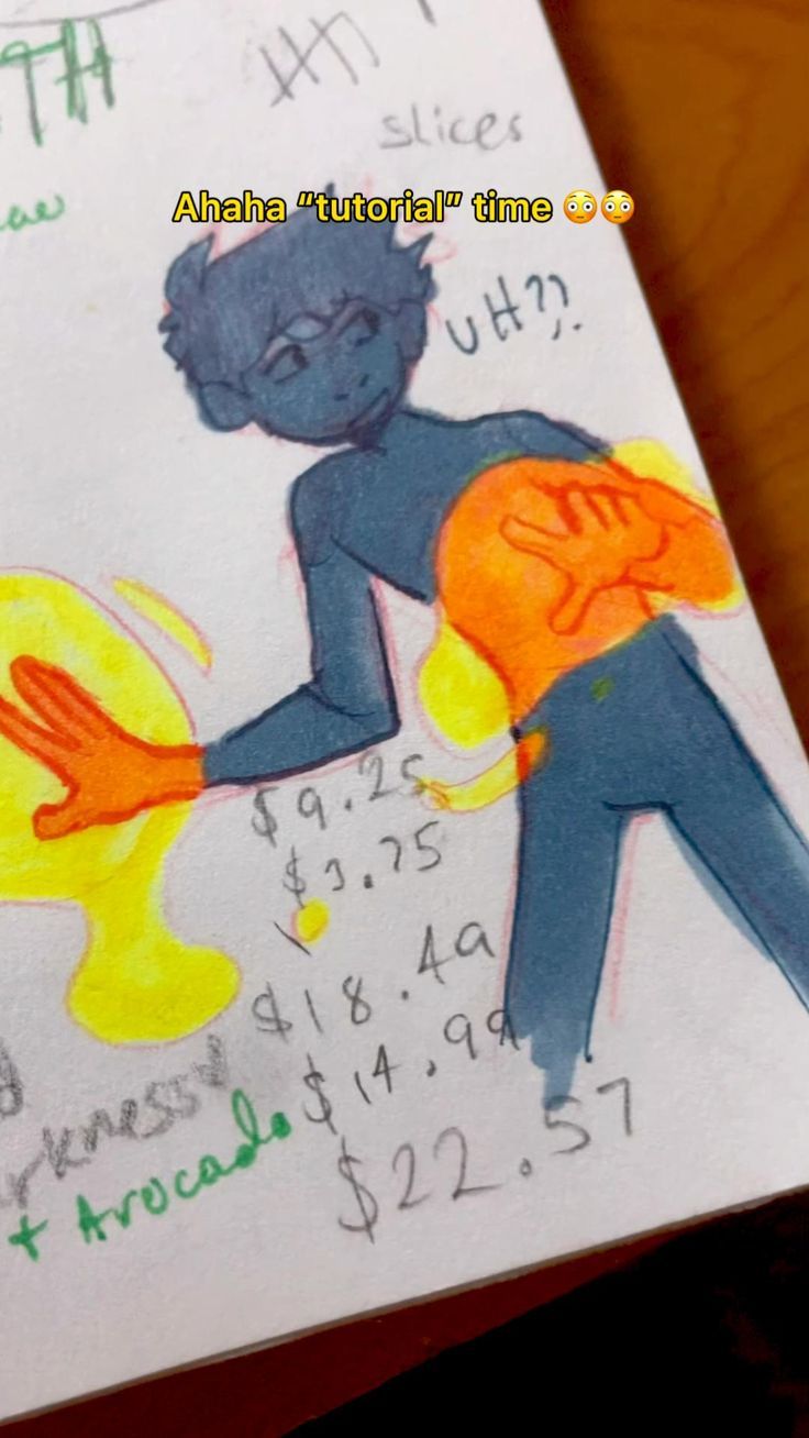 a child's drawing of a man holding an orange object in front of him