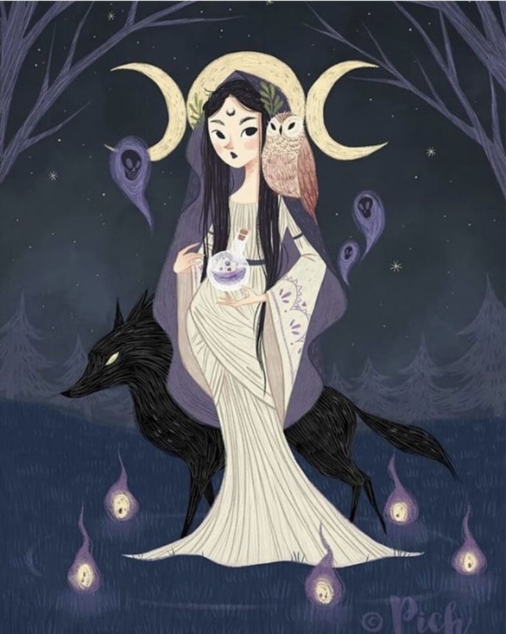 an illustration of a woman with two owls on her shoulder holding a cup in front of the moon