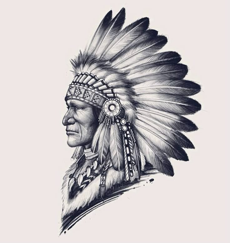 Native American Chief Drawing, American Indian Tattoo Design, Native American Sleeve Tattoos For Guys, Native American Headdress Drawing, Indian Chief Drawing, American Indian Tattoos For Men, Headdress Tattoo Design, Native American Headdress Tattoo, Native American Chief Tattoo